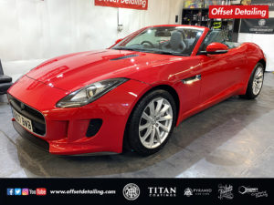A full front side exterior shot of this red F Type S completed with a two stage machine polish and ceramic coating