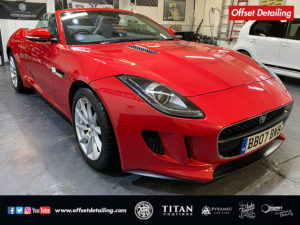A full exterior shot of this red F Type S completed with a two stage machine polish and ceramic coating