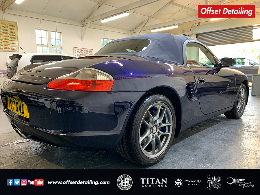 An exterior rear shot of this Porsche Boxster completed with our two stage machine polish and ceramic coating protection detail