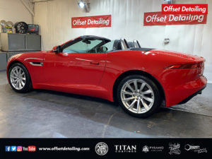 A full exterior side shot of this red F Type S completed with a two stage machine polish and ceramic coating