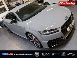 An exterior shot of this nardo grey Audi TTRS completed with our new car protection detail using Kamikaze Collection coatings
